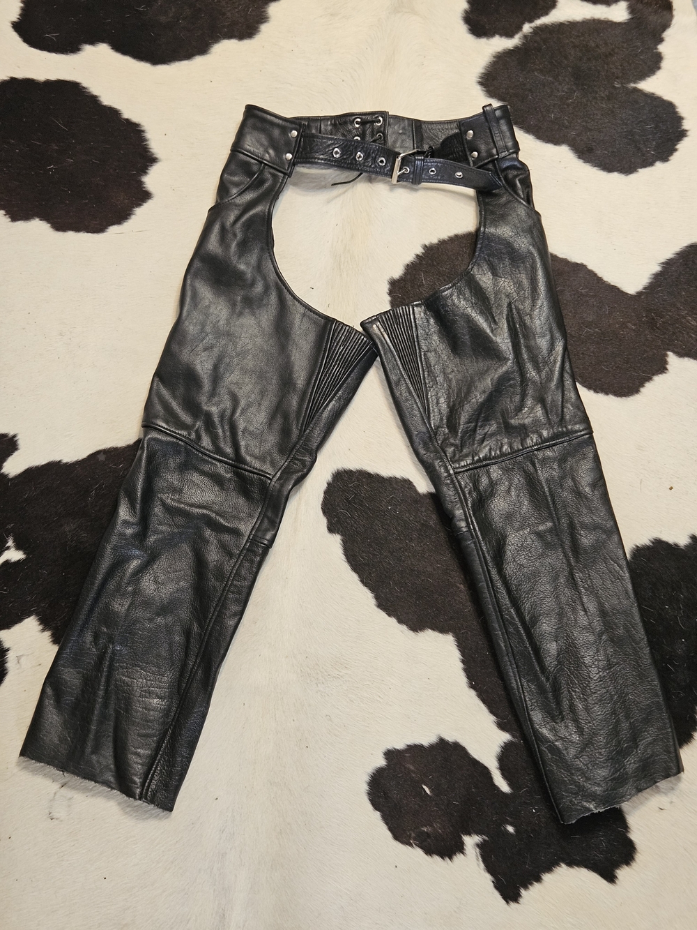Unik Black Leather Motorcycle Chaps with Belt Size Medium